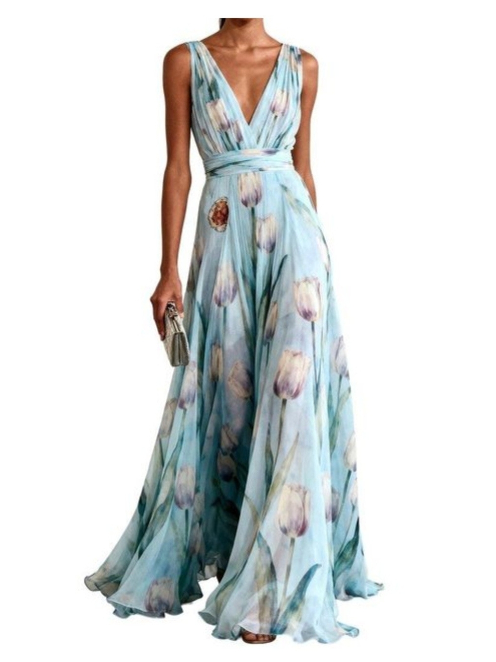 Romantic Light Blue Tulip-Print V-Neck Maxi Dress